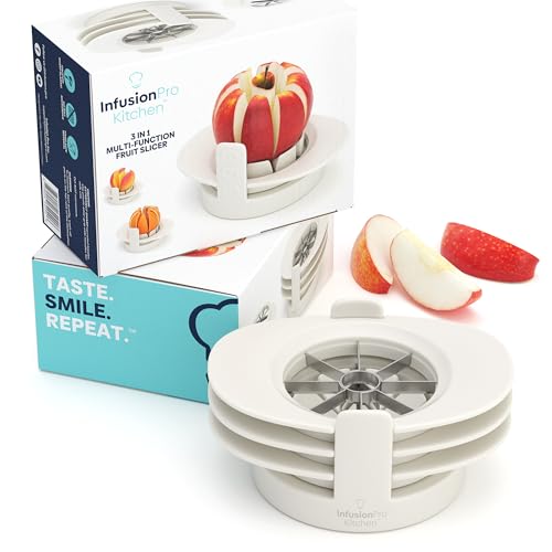 Fruit Slicer Divider, Infusion Pro 3 in 1 Apple Corer Slicer, Citrus Slicer, Mango Cutter Corer, Tomato Wedges Stainless Steel Heavy Duty Fruit & Vegetable Cutter with Base