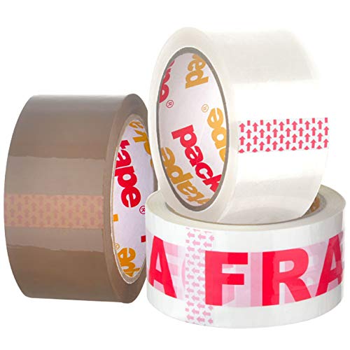 Packatape General Purpose Packaging Tape 3 Roll Pack 1 Brown Roll 1 Clear Roll 1 Fragile Roll 48mm x 66m