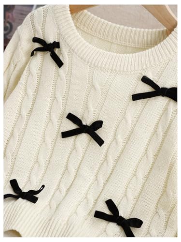 SweatyRocks Girl's Cable Knit Sweater Cute Bow Crewneck Long Sleeve Pullover Sweater4