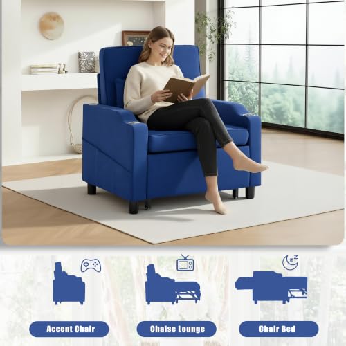 Image of Sleeper Chair 5-in-1 Convertible Chair Bed Pull Out Adjustable Single Armchair Sofa Bed with USB Ports,Side Pocket,Cup Holder (Blue)