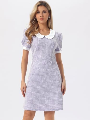Image of Allegra K Peter Pan Collar Dresses for Women's Plaid Puff Short Sleeve Mini Tweed Dress
