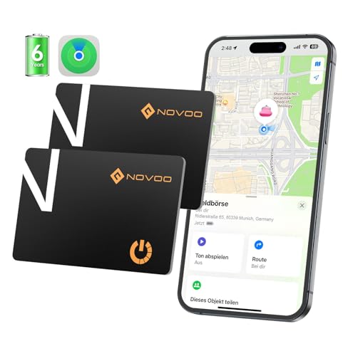 NOVOO Localisateur d'objets Carte Lot de 2 Wallet Tracker 6 Ans Batterie Ultra-Fin Air Tag Traceur pour App Localiser (iOS) Traqueur Intelligent Bluetooth Carte pour Portefeuille, Valise, Sac