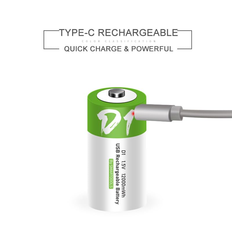 Image of KP Original Battery Rechargeable D Batteries 1.5V 12000Mwh USB Lithium Ion with USB Type C Charging Cable, Fast Charge, 1200 Cycles Constant Output, Over-Charge Protection (D-Cell Pack of 1)