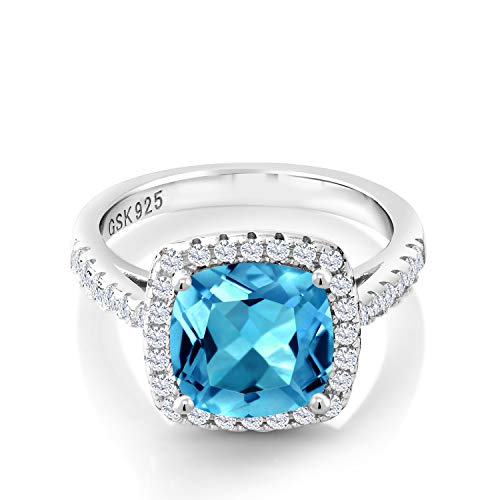 Gem Stone King 2-3 Cttw Gemstone Birthstone and White Moissanite Halo Solitaire Engagement Ring for Women | 925 Sterling Silver | Cushion Cut 8MM | Wedding Anniversary Promise | Size 5-9