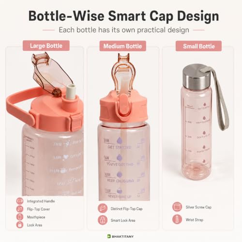 Image of Water Bottle Set of 3 for Women with Sipper, Orange