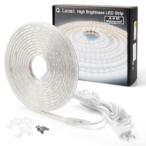 Q.Laomi Ruban LED 4 Mètres, IP65 Etanche Bande LED 220V 230V Bandeau LED avec Interrupteur Bande Lumineuse LED, Blanc Froid