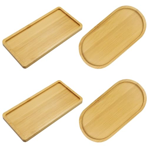 LAKSOL 4 Piezas Bandeja de Bambú Bandejas de Madera Ovaladas Bandeja de Posavasos Rectangular Bandeja de Té Pequeña Bandeja de Madera Decorativa para Plantas Suculentas 17,5 x 8,8 cm