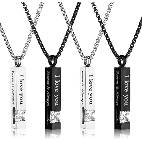 4Pcs Urn Necklaces for Ashes Black Silver Cremation Urn Pendant Stainless Steel Memorial Cremation Necklace Forever & Always Keepsake Jewelry with Cubic Zirconia Cover