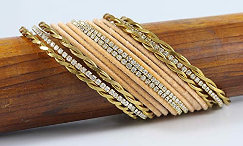Image of NMII Gold Plated Metal Velvet Bangles Set For Women & Girls with Zircon Gemstone Studded | Traditional Women's Bangles | Designer Gold Bangles | Fashion Jewellery- Set of 28