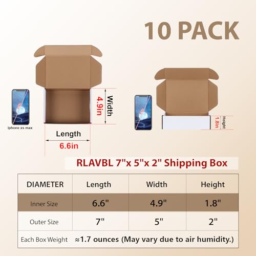 Image of RLAVBL 10 Pack 7x5x2 Small Shipping Boxes, White Corrugated Cardboard Box for Packing, Mailing, Business