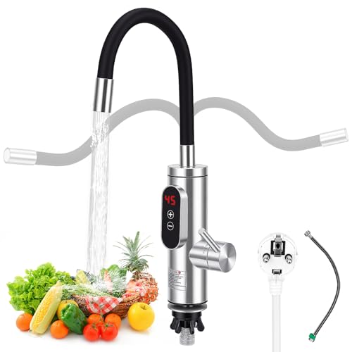 Grifo Eléctrico con Calentador de Agua, 3300W Grifo Agua Caliente Instantanea, Grifo Eléctrico de Acero Inoxidable con temperatura LED, rotación de 360°, Grifo de Cocina, ajustable en frío y calor