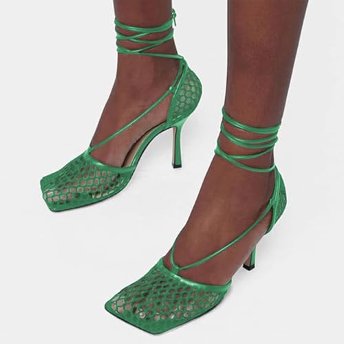 FOWT Women Square Caged Toe Strappy Mesh Pumps Lace up Ankle Strap Stiletto High Heel Sandals Sexy Party Prom Dating Shoes Size 4-16 US4