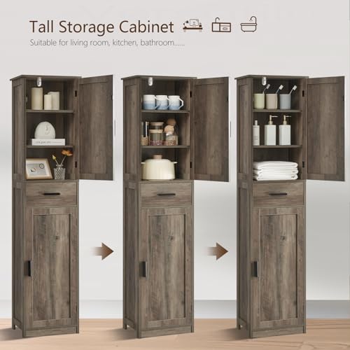 usikey 67\'\' Tall Storage Cabinet, Narrow Bathroom Floor Storage Cabinet with 4 Shelves & 2 Doors, for Bathroom, Living Room, Rustic Gray