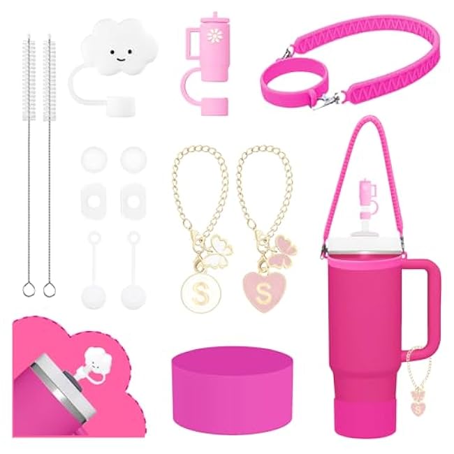 Stanley 10Pcs Accessories Kit - 9-10mm Silicone Boot, Straw Cover Topper, Initial Letter Charm, Leak Proof Seal (Rose Quartz, 30&40oz)