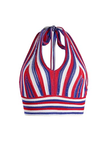 Verdusa Women's Colorblock Striped Crop Halter Top Tie