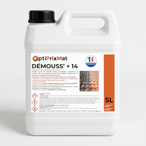 DEMOUSS’+14 - Traitement Anti-mousse Ultra Concentré (5 Litres) - 5Litres = entre 300 et 375m² traités curatif - A diluer a 1 pour 14 soit 75 litres de...
