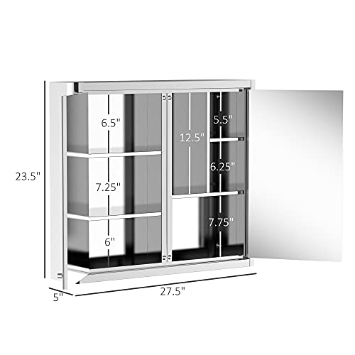 kleankin 28" x 24" Wall Mounted Bathroom Mirror Cabinet with Door Shelves Medicine Cabinet Stainless Steel, Silver