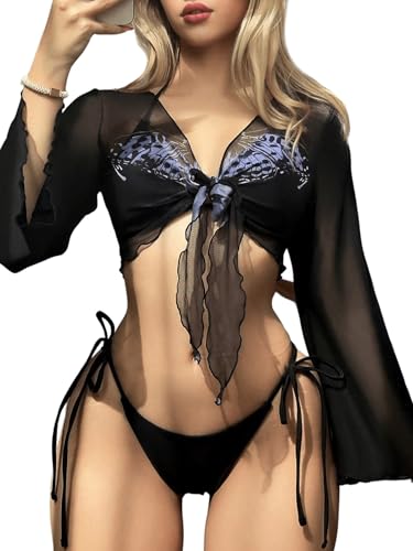 Bikini 3 pièces femme noir dos nu papillon maillot de bain taille M