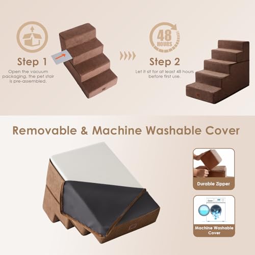 Image of EHEYCIGA Dog Stairs for High Bed 22.5 inch H, 5-Step Dog Steps for Bed, Pet Steps for Small Dogs and Cats, Non-Slip Balanced Pet Ramp Indoor, Brown