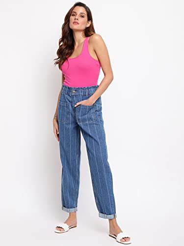Image of Tales & Stories Women's Striped Blue Cotton Regular Fit Ankle Length Jeans-Y114411