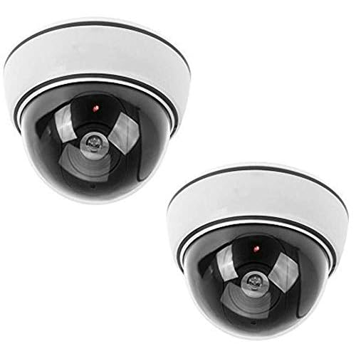 BW 2x Outdoor Indoor Fake Imitation IR Dome CCTV Blinking Red LED Flashing Light Surveillance Security Dummy Camera with Warning Sticker – White
