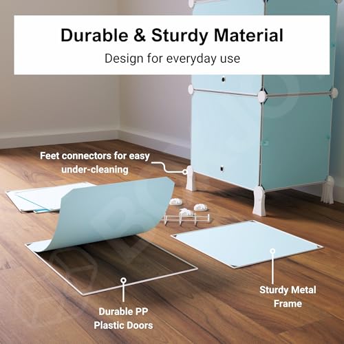 Image of BOXJOY 6 Shelf Shoe Rack with 3 Doors, Magnets, 5 Hook Steel Holder & Wooden Hammer for Home Storage PP Plastic Organizer with Metal Door Frame to Cover Chappal Slipper Sandals Shoes Box Stand (Blue)