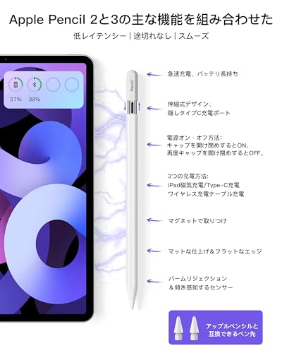 Stouchi iPad ペンシル 【2025年新開発・全機種対応/磁気&Type-C充電/LED付き】 Apple Pencil互換スタイラスペン 傾き感知 パームリジェクション 途切れも遅延なし iPad第9/10世代・2024新型対応 2年保証付き(ホワイト)
