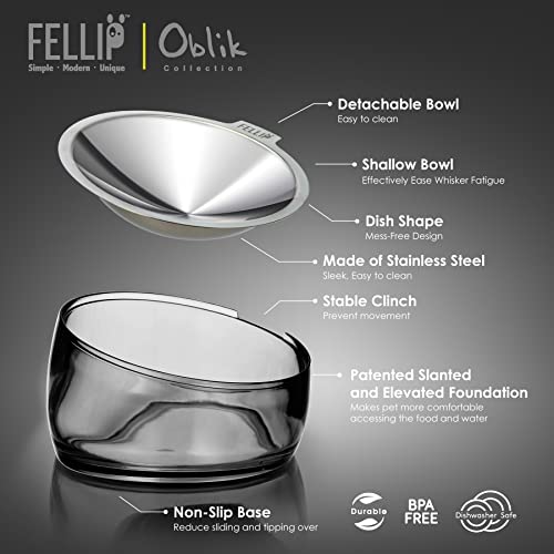 Image of Felli Pet Oblik Whisker Fatigue Friendly & Anti Vomit Elevated Cat Food Water Bowl Stainless Steel Tilted Shallow Dish, Slanted Angled Metal Plate Dry Wet Feeder, Raised Acrylic Base (0.5 Cups, Smoky)