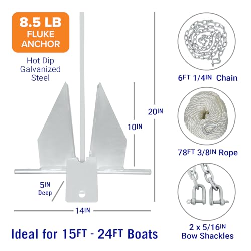 Image of Boat Anchor Kit with Rope and Chain, Heavy Duty Fluke Anchor for Boats | Hot Dip Galvanized Steel, Pontoon Sailboat Fishing Deck, Multiple Sizes, Better Boat