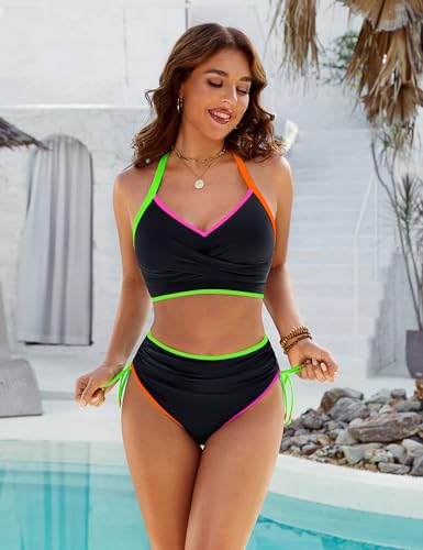 Image of Blooming Jelly Womens High Waisted Bikini Sets Drawstring Tummy Control Swimsuits Crisscross Tie Back Bathing Suit