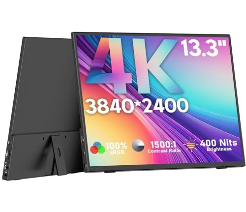 OUNSHLI 4K Portable Monitor, 13.3' 3840 * 2400 IPS Portable Monitor for Laptop, Slim Lightweight HDR Travel Screen USB-C HDMI w/Smart Cover for Laptop PS5/4 Xbox Switch