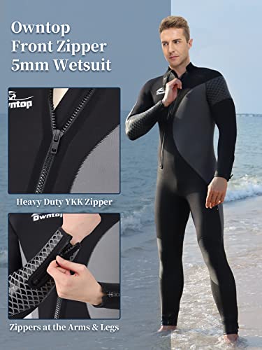 Owntop Mens Wetsuit 5Mm Neoprene Diving Suit - Full Wet Suit Front Zip Long Sleeve Upf50+ Keep Warm Thicken Swimwear For Water Sports, Gray M #TOP4