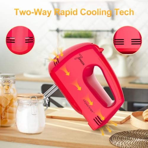Image of LILPARTNER Hand Mixer Electric, Ultra Power Kitchen Hand Mixer With 7-Speed & 5 Stainless Steel Accessories for Whipping Dough, Cream, Cake, Dishwasher Safe, Light Red