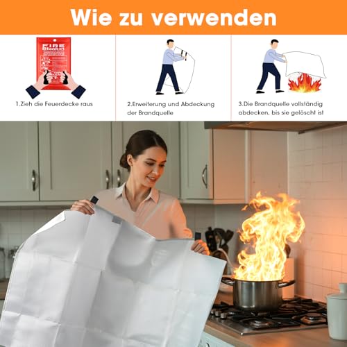 Feuerlöschdecke 1m x 1m, Löschdecke Küche – Feuerdecke für Fettbrände, Glasfaser Brandschutzdecke für Auto Zuhause Haushalt Schule Kamin Grill Büro - Fire Blanket mit Haken (1 Stück)