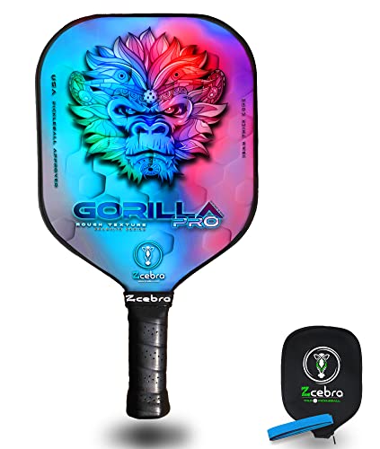 ZCEBRA Pala de Pickleball Grafito - Raqueta Fibra de Carbono núcleo 16 mm de Panel de Abeja Polipropileno Textura Frosted Rugosa - Set Funda Neopreno Grip Extra - Gorilla Pro Rainbow Cover