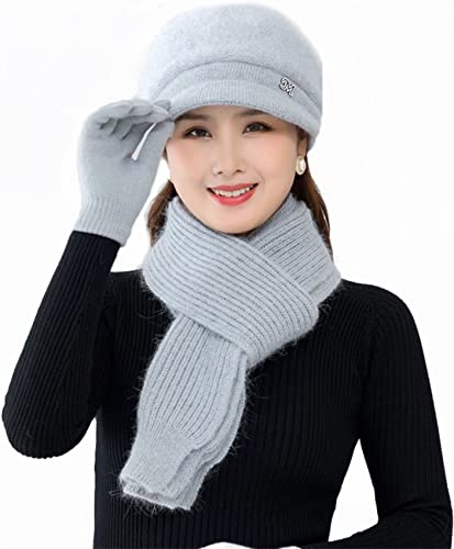 FGHDFH Ensemble 3 Pièces Femme Bonnet Béret Tricot Français Laine Hiver Chaud Écharpes Et Douces Costumes De Mains Masque Chapeaux De Ski Cadeaux Dames,G Cover