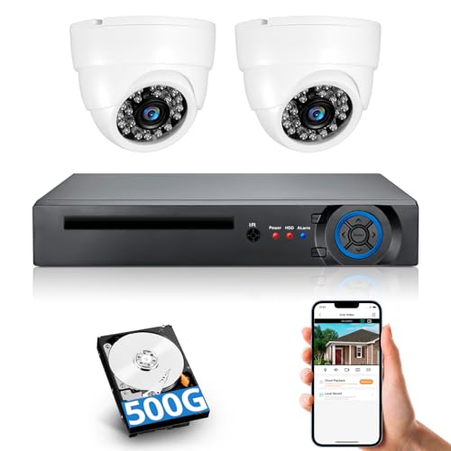 Fuers 8CH H.265+ Surveillance Security Camera System with AI Human Detection, 2 x 2592TVL 5MP Wired Dome Cameras for Indoor Use, 500G Hard Drive Included,Email Alert