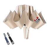 TOPSAIL 10 Ribs Inverted Umbrella with Carabiner Handle, Large Strong Windproof Umbrellas for Rain & Sun, 49" Portable Reverse Folding Compact Travel Umbrella with Safe Reflective Strip, for Women Men-Beige