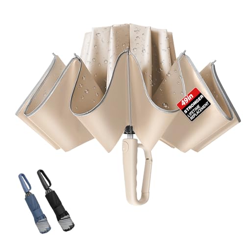 TOPSAIL 10 Ribs Inverted Umbrella with Carabiner Handle, Large Strong Windproof Umbrellas for Rain & Sun, 49" Portable Reverse Folding Compact Travel Umbrella with Safe Reflective Strip, for Women Men-Beige