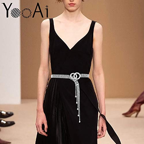 Yooai Crystal Waist Belt For Women Rhinestone Chain Belt O-Ring Waistband Belt For Dress Silver 120Cm #TOP1