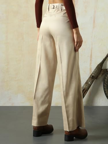 Image of High Star Women High Rise Solid Regular Length Wide Leg Casual Trousers