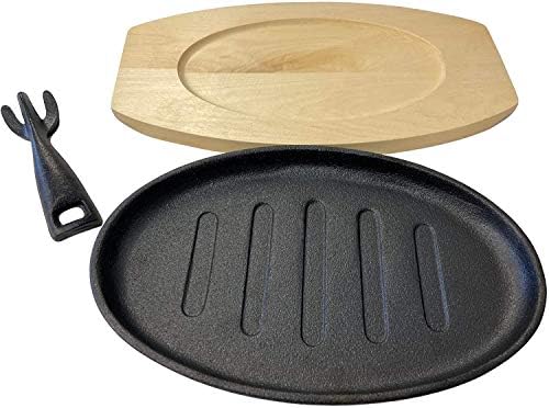 Vintage Gourmet ® Premium Pre-Seasoned Cast Iron Sizzler Serving Dish/Steak Platter with Wooden Stand, Black, 24 cm x 14 cm Create That Authentic Feel, Serve Your Dishes Sizzling at The Table!