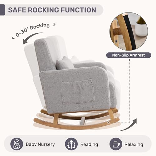 Image of HCHAIRH Nursery Rocking Chair with Ottoman, Upholstered Glider Rocker with High Backrest Side Pocket, Rocking Accent Armchair with Solid Wood Legs for Nursery, Living Room, Bedroom, Light Grey