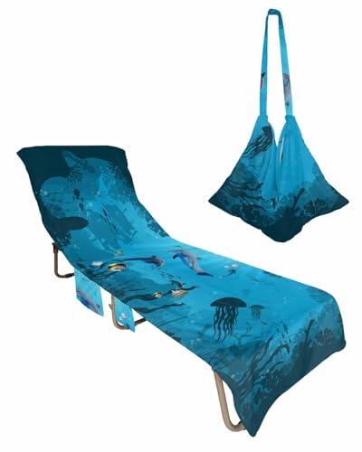Blue Ocean Beach Lounge Chair Towel Cover, Soft Chaise Lounge Towel with Side Pockets Patio Pool Chairs Cover for Beach/Pool Sunbathing 29x85 Coastal Nautical Summer Beach Fish