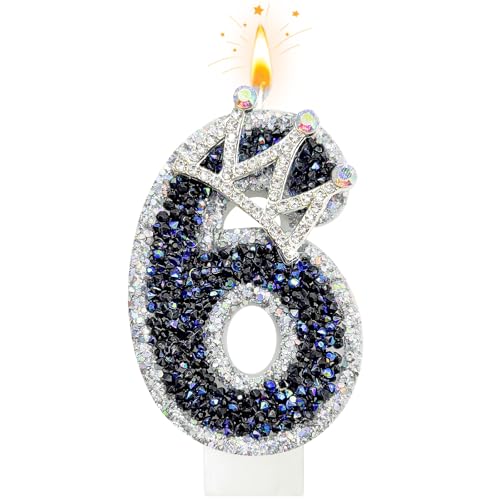 ToonGlow Silver Glitter Number 6 Birthday Candle, Black Crystal Bead Cake Topper, Rhinestone Number Decoration for Milestone Anniversary Celebration