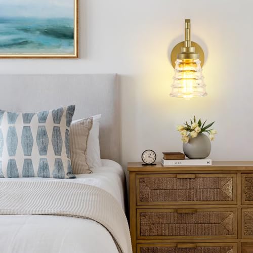 Image of Gold Bathroom Wall Sconce, Brass Wall Light Fixture with Glass Shade