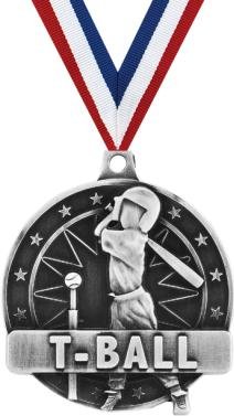 Crown Awards T-Ball Medal - Silver Kids Baseball Medal with Neck Ribbon