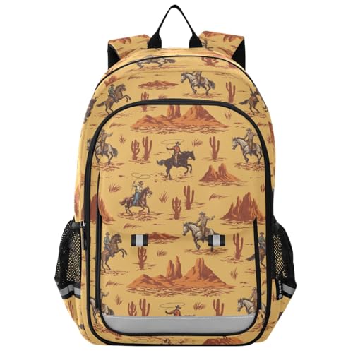 Kids Backpack for Boys Girls Bookbags Elementary Backpack Western Desert Cowboy School Bags Travel Daypack Lightweight Waterproof with Reflective Strip