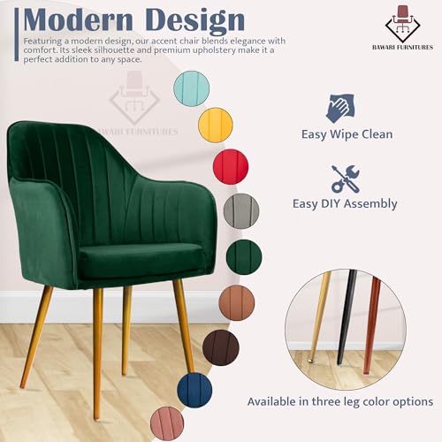Image of Accent Chair for Living Room| Soft Velvet Fabric Armchair with Multi Colour Leg Options | Modern Chair with Thick Cushion for Home Office restaurent and cafes| 1pc (Golden Legs, Green)