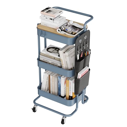 Image of DTK 3-Tier Rolling Cart with Table Top, Metal Utility Cart with Side Bags | Tray Storage Organizer, Lockable Wheels, 4 Hooks, Art Cart for Kitchen, Bathroom, Office, Craft room, Living room, Blue